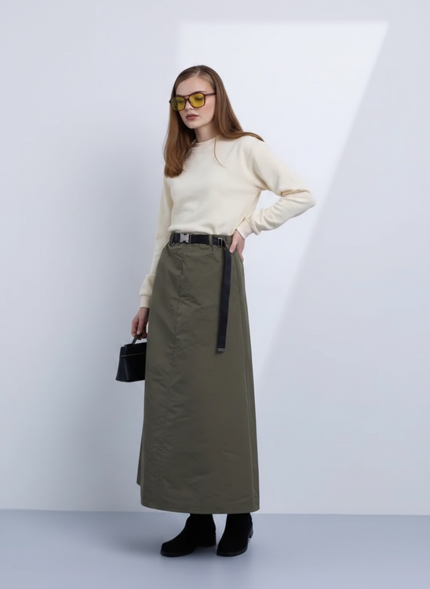 NOI-NR532 BLACK TAFFETA BUCKLE BELT SKIRT