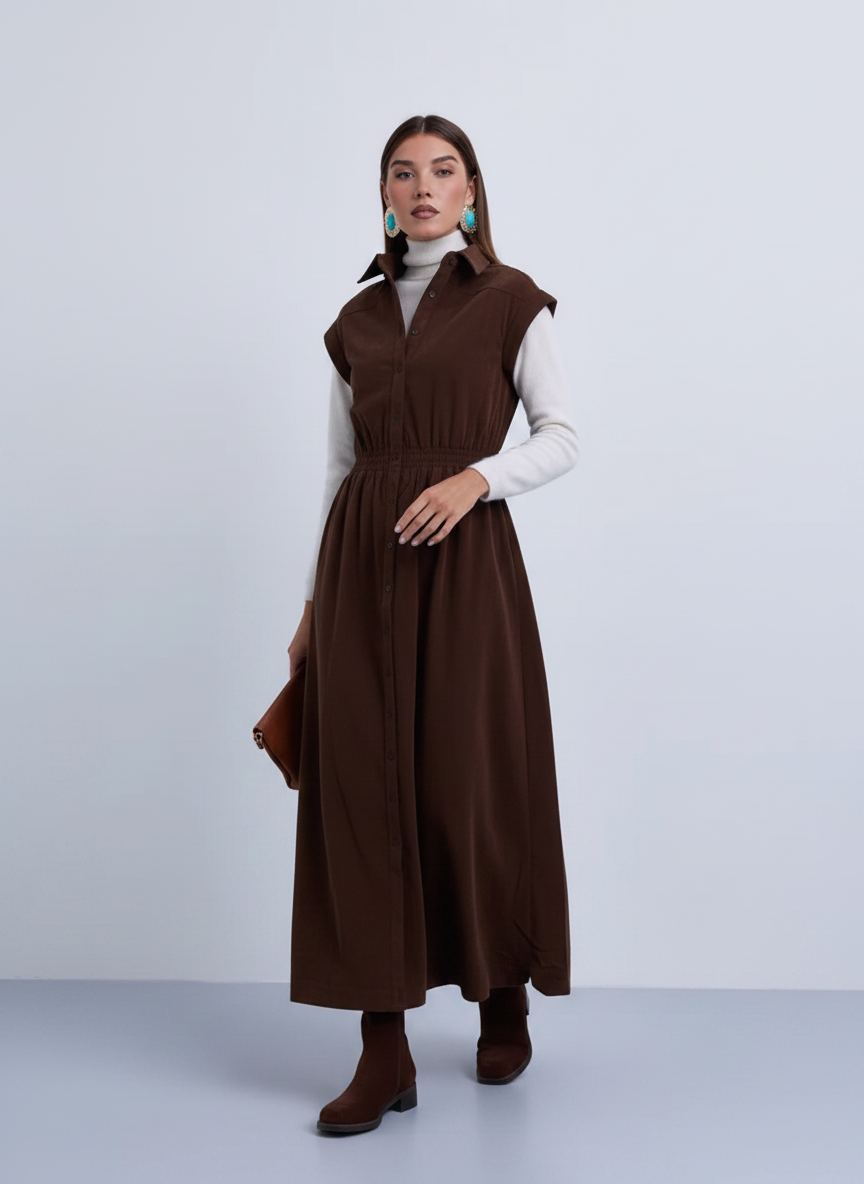 NOI-NR543 BROWN GATHERED WAISTBAND DRESS