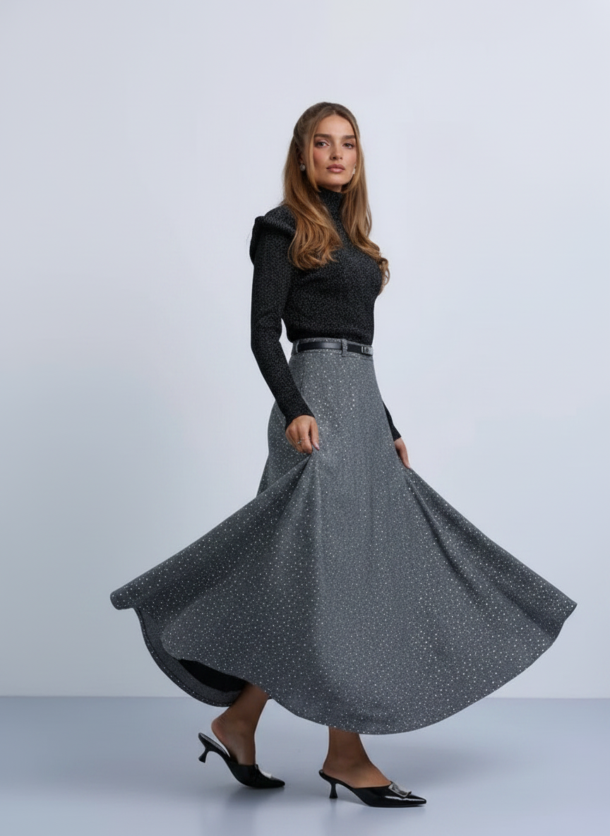 NOI-NR538 GREY TWEED CLASP BELT SKIRT