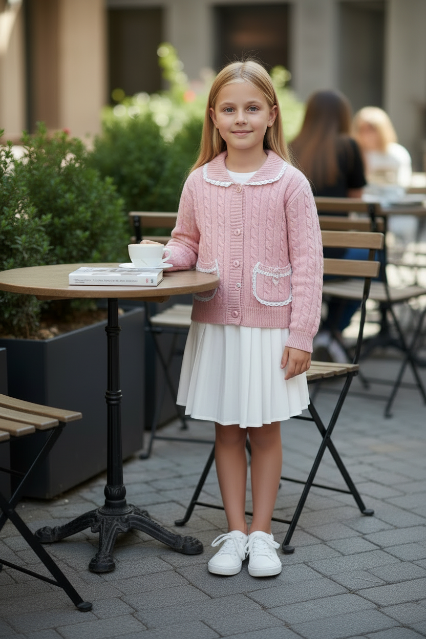 PHK-I9H802 PINK CABLE KNIT TRIMMED CARDIGAN