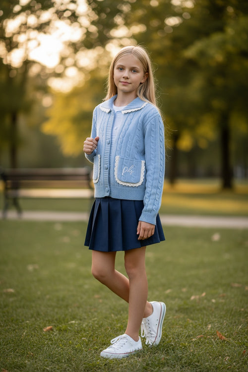 PHK-I9H802 BLUE CABLE KNIT TRIMMED CARDIGAN