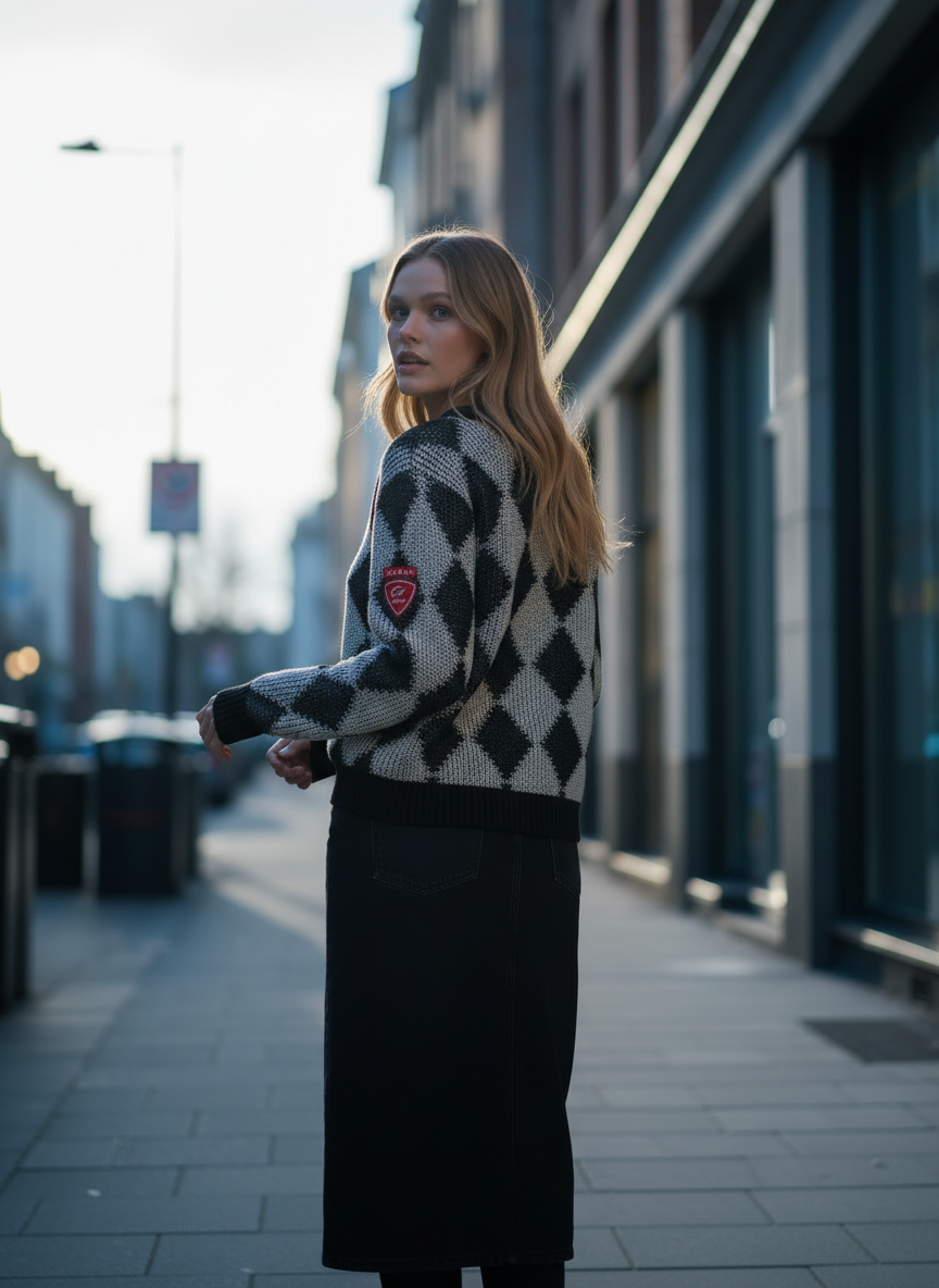 PAR-T563 BLACK ARGYLE KNIT TOP