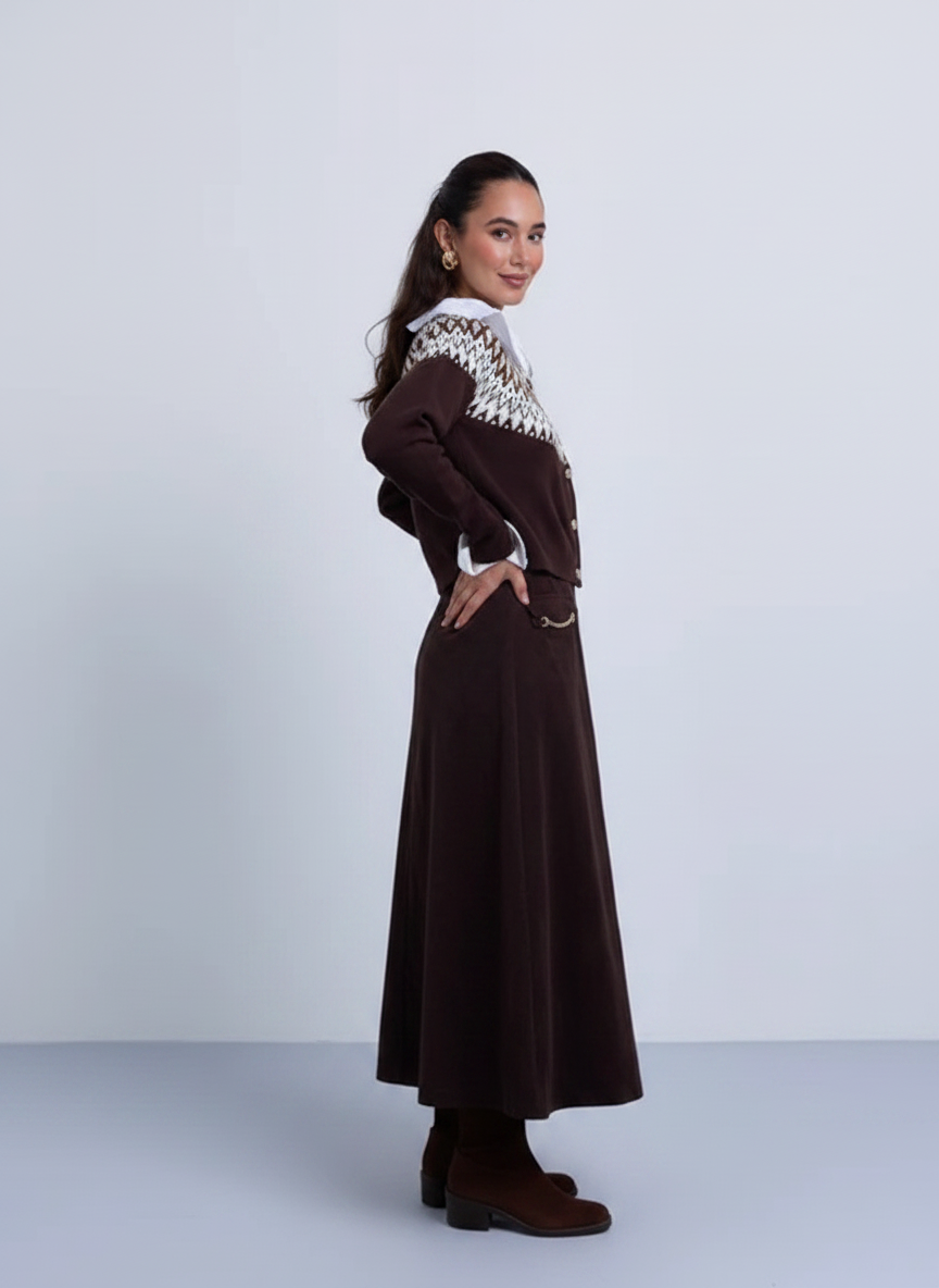 NOI-NR522 BROWN CHAIN POCKET SUEDE SKIRT