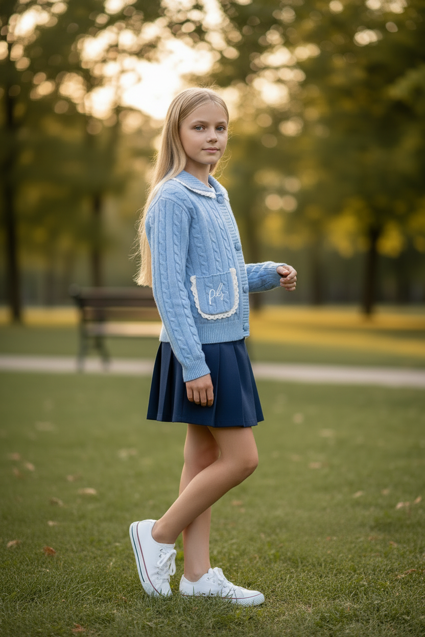 PHK-I9H802 BLUE CABLE KNIT TRIMMED CARDIGAN