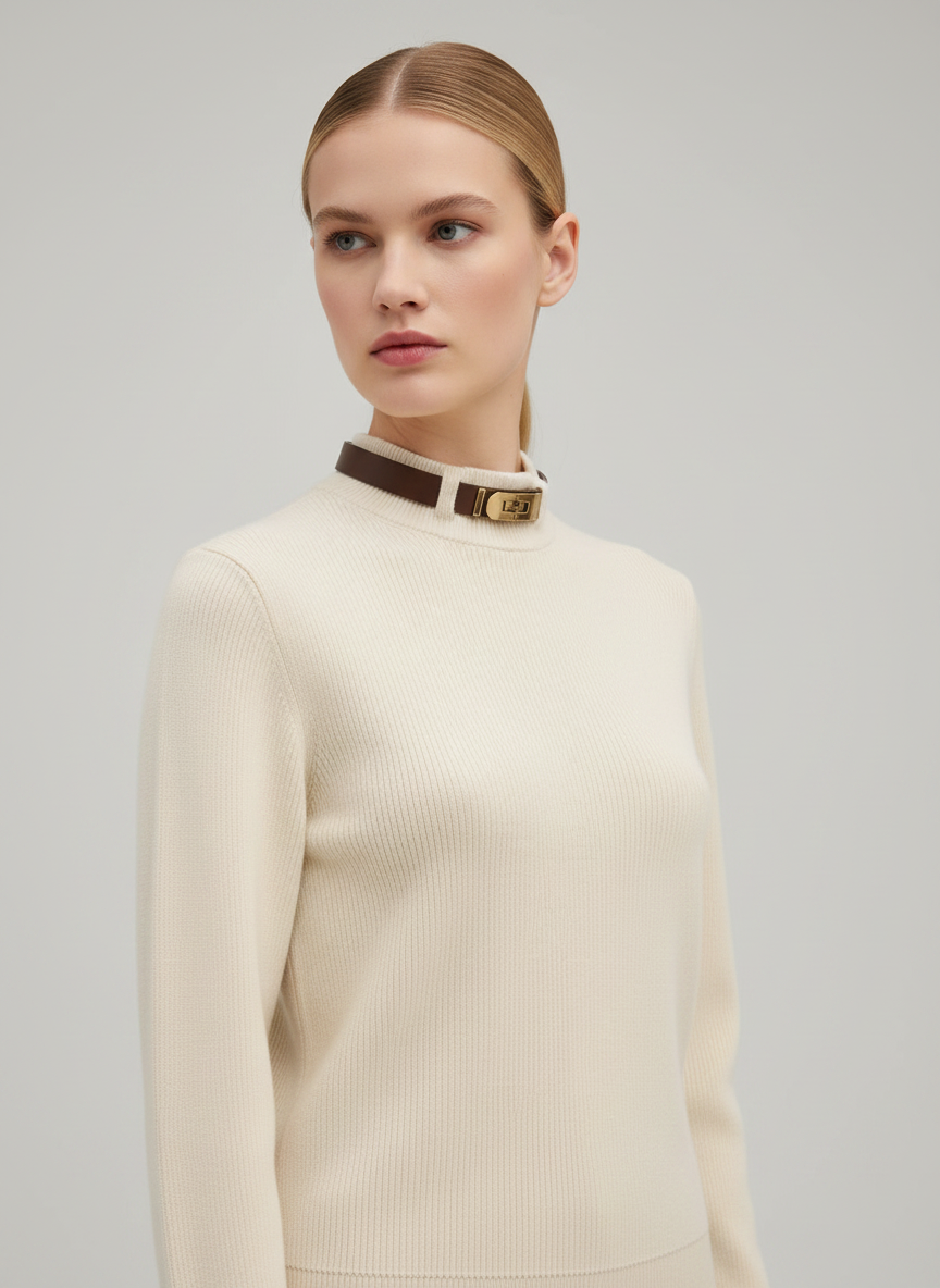 NOI-CH350 CREAM LEATHER NECK BELTED TOP