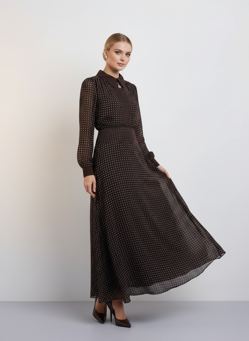NOI-H4090 BROWN POLKA DOT&LACE PANEL DRESS
