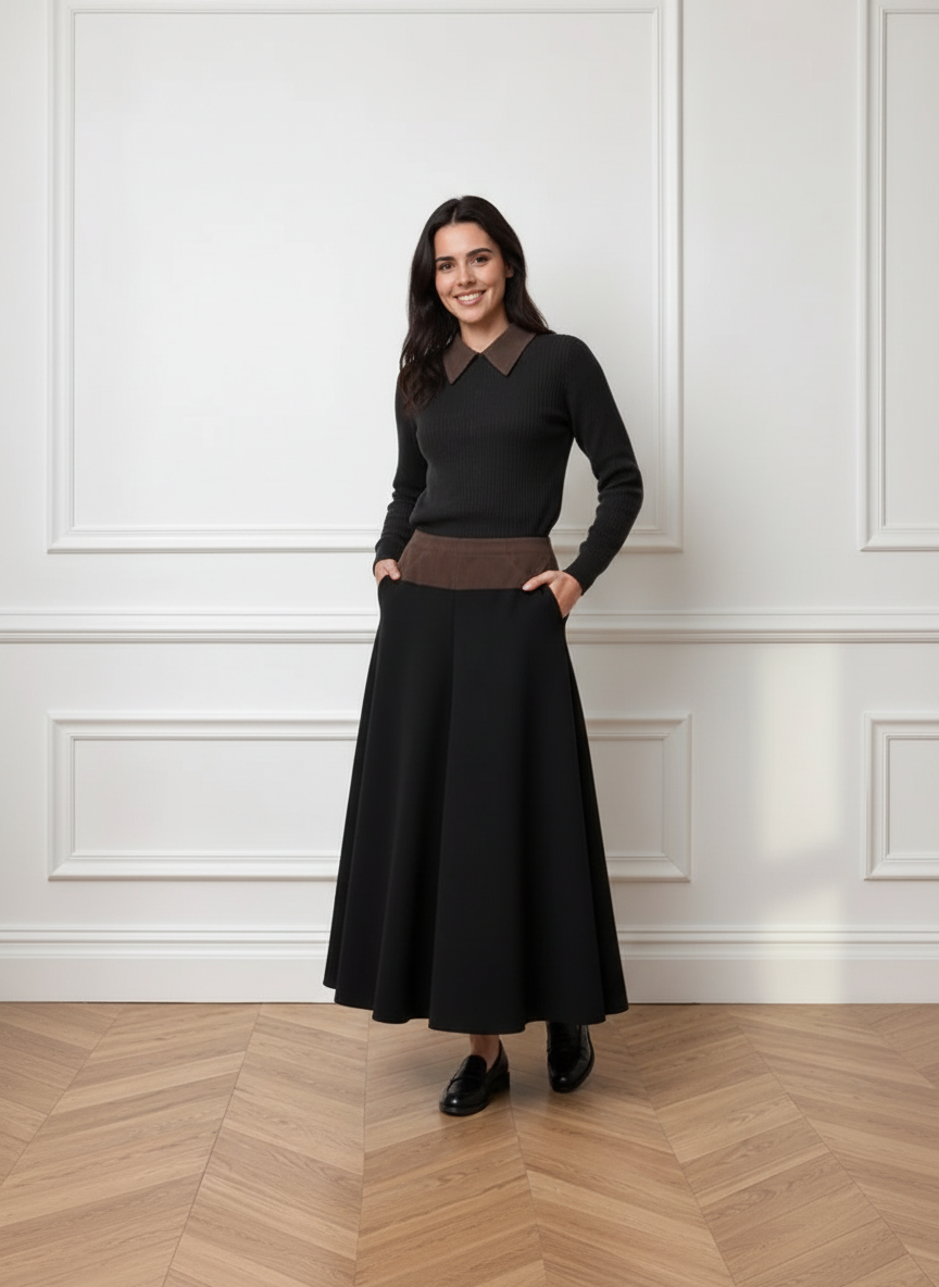 PAR-SK578 BLACK MIXED MEDIA CORDUROY SKIRT