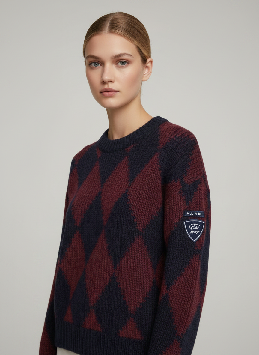 PAR-T563 NAVY ARGYLE KNIT TOP