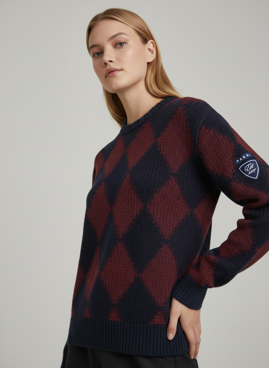 PAR-T563 NAVY ARGYLE KNIT TOP