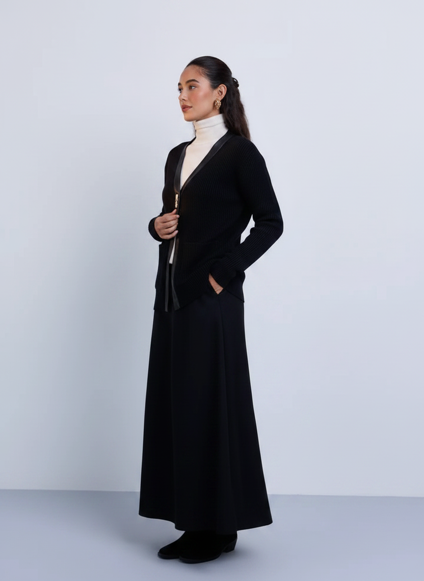 NOI-CH346 BLACK LEATHER TRIM RIB CARDIGAN