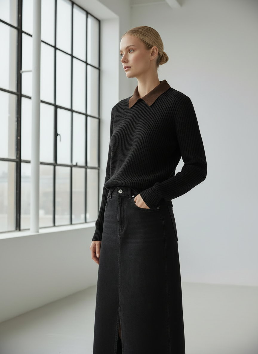 PAR-T564 BLACK CORDUROY COLLAR TOP