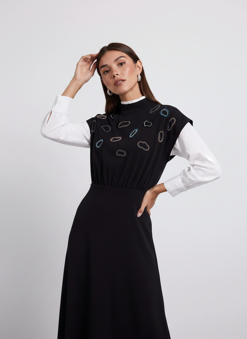 NOI-2500 BLACK&MULTI BEADED DETAILS DRESS