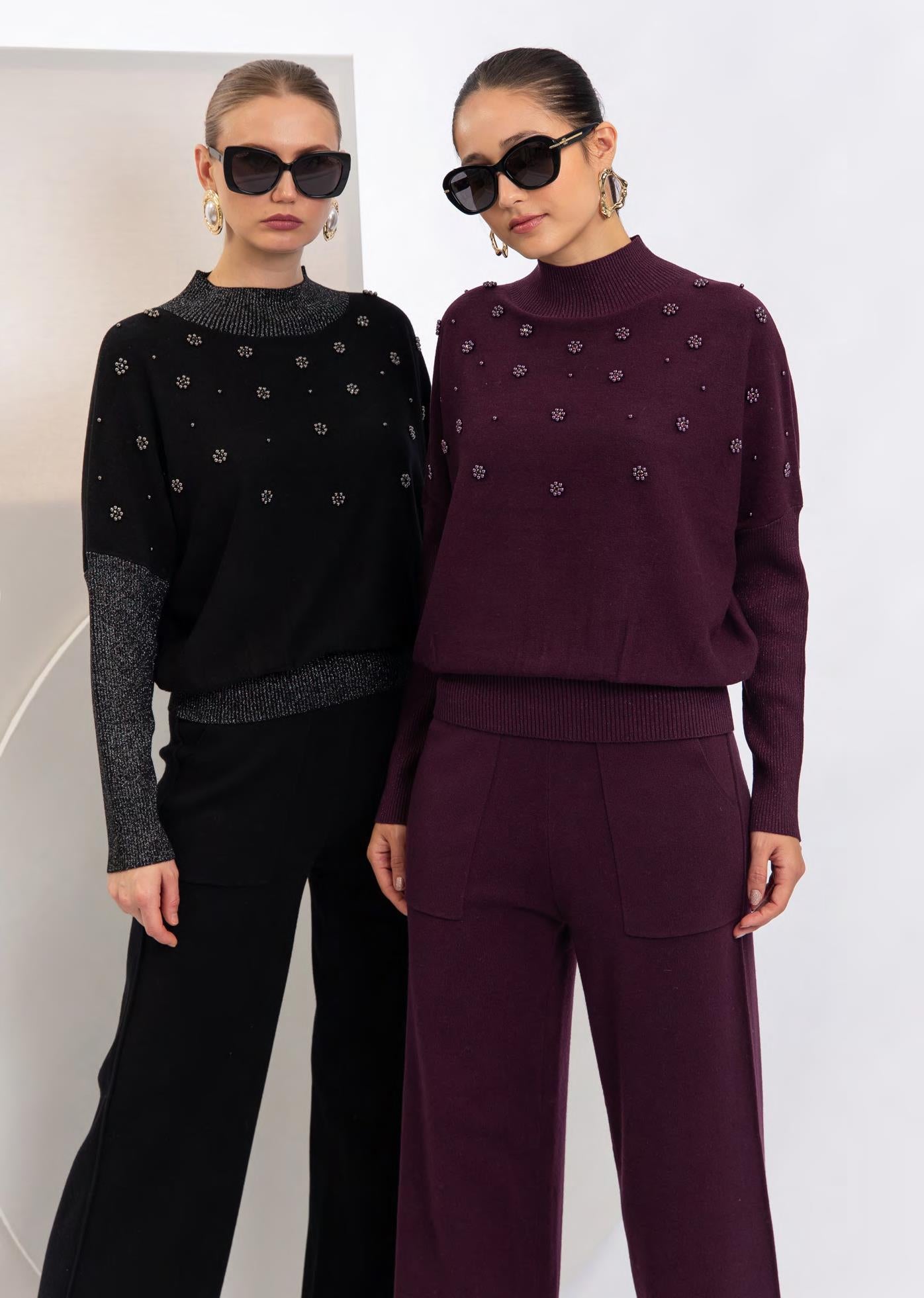 CST-L2655 BLACK MOCK NECK STUDDED TOP