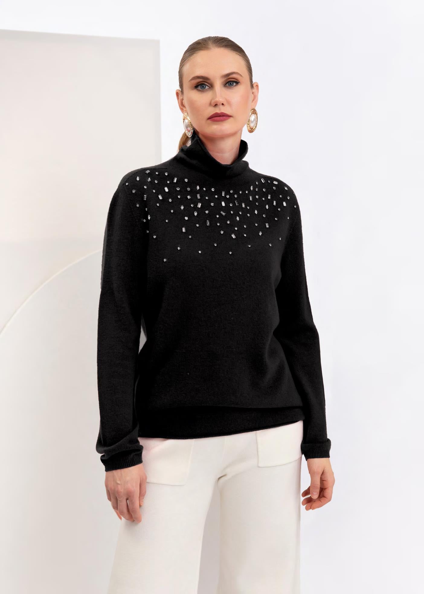 CST-L2669 BLACK DIAMENTE ROLL NECK TOP