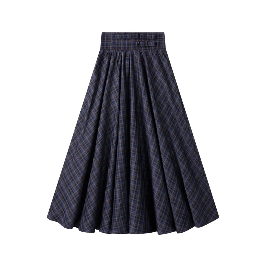 INO-M2-1244P NAVY PLAID BELTED SKIRT