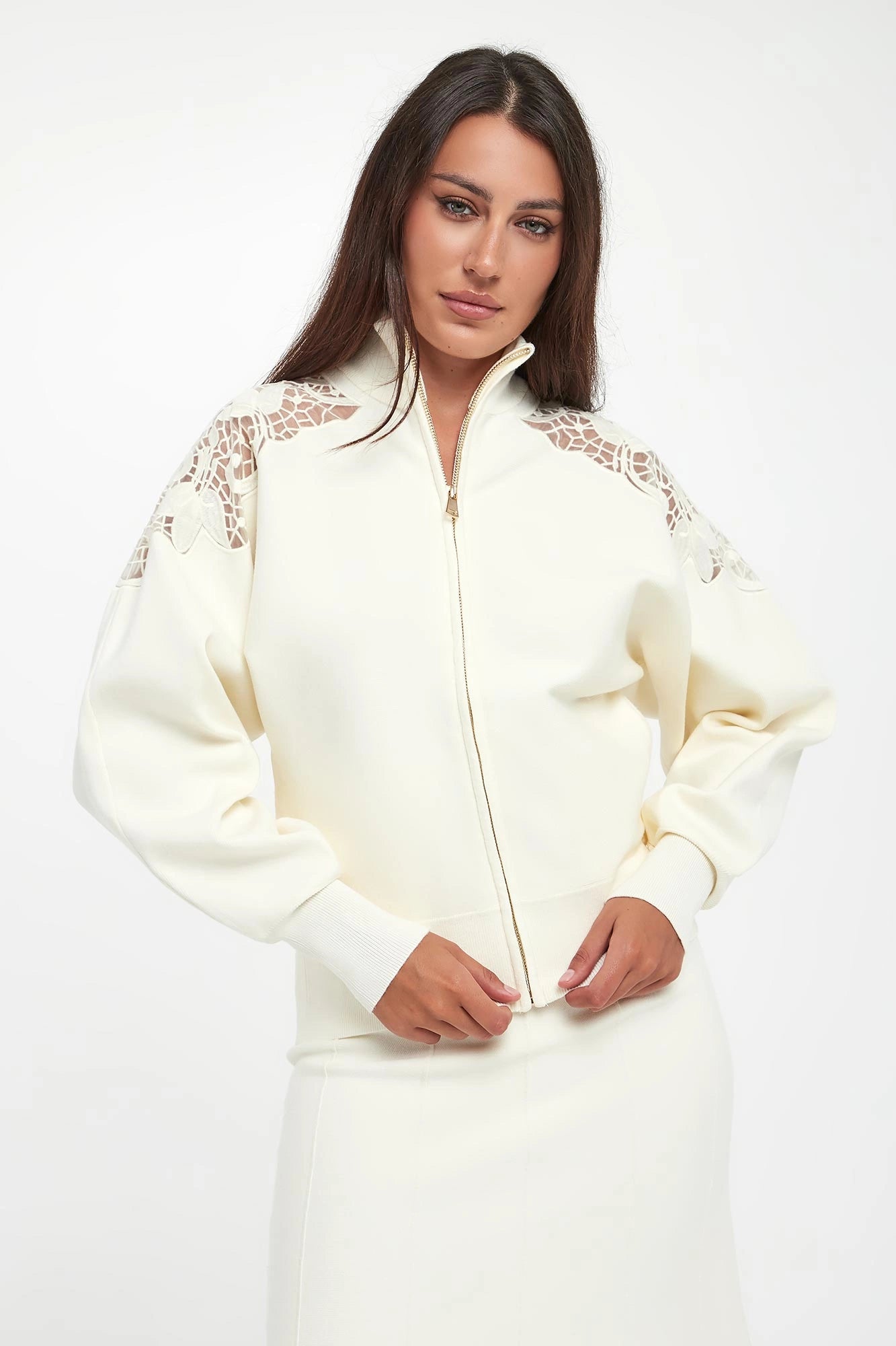 TWS-252TP3405 IVORY LACE KNIT ZIP CARDIGAN