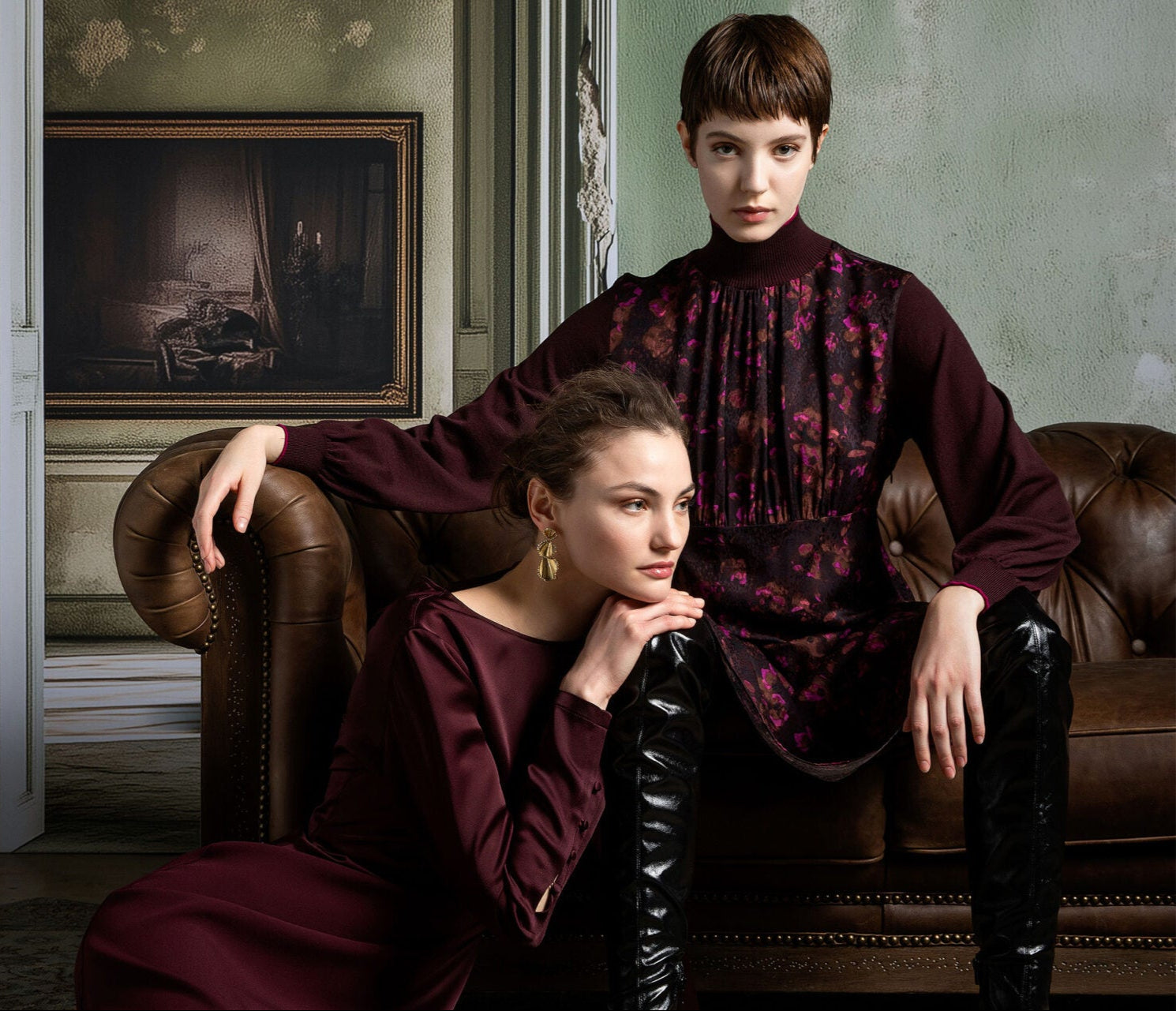 SHS-30 5102/L WINE PRINT&KNIT SLEEVE DRESS