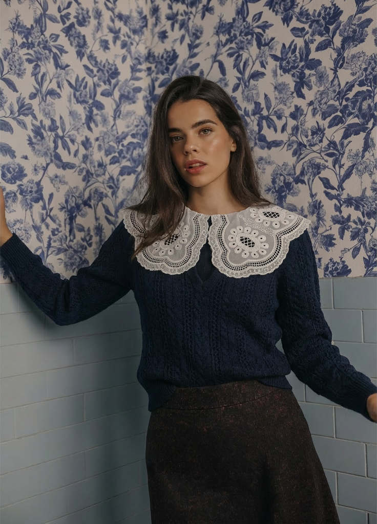 FCM-FR26ST7015K4 CREAM&NAVY LACE COLLAR TOP