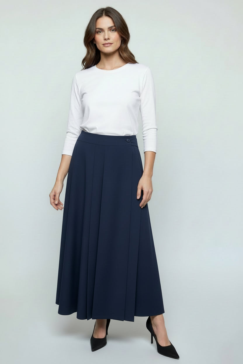 FRL-2711WTN NAVY FRONT PLEAT BUTTON SKIRT