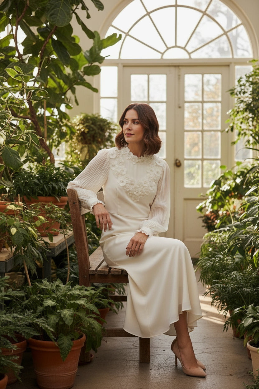 FBE-2424 CREAM FLOWER EMBROIDERED RUFFLE SLEEVE DRESS