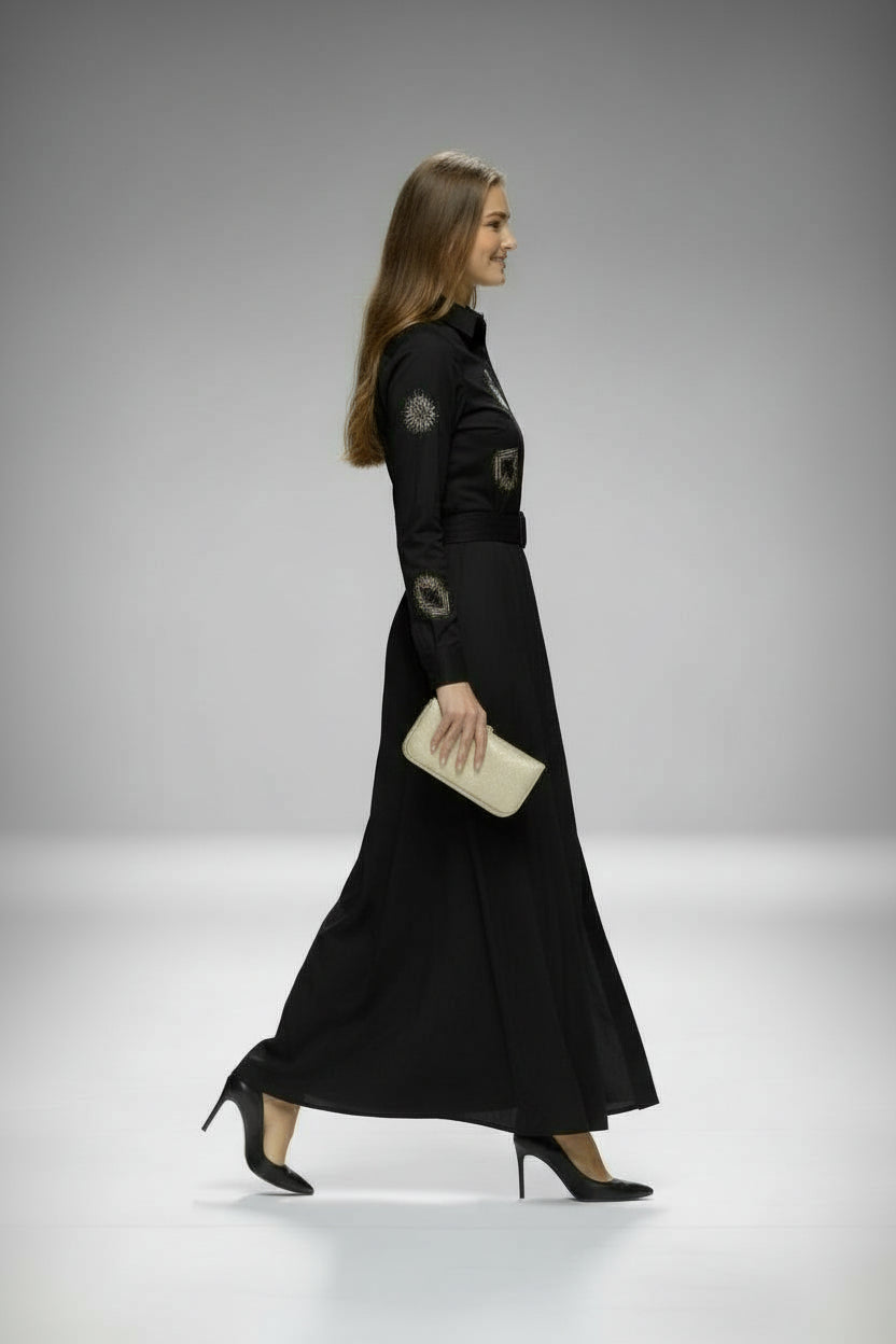 NOI-H4076 BLACK EMBROIDERY TAFFETA DRESS