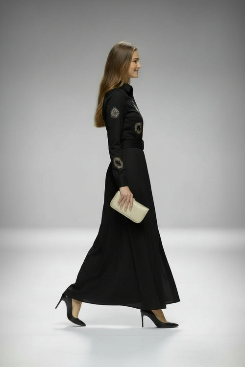 NOI-H4076 BLACK EMBROIDERY TAFFETA DRESS