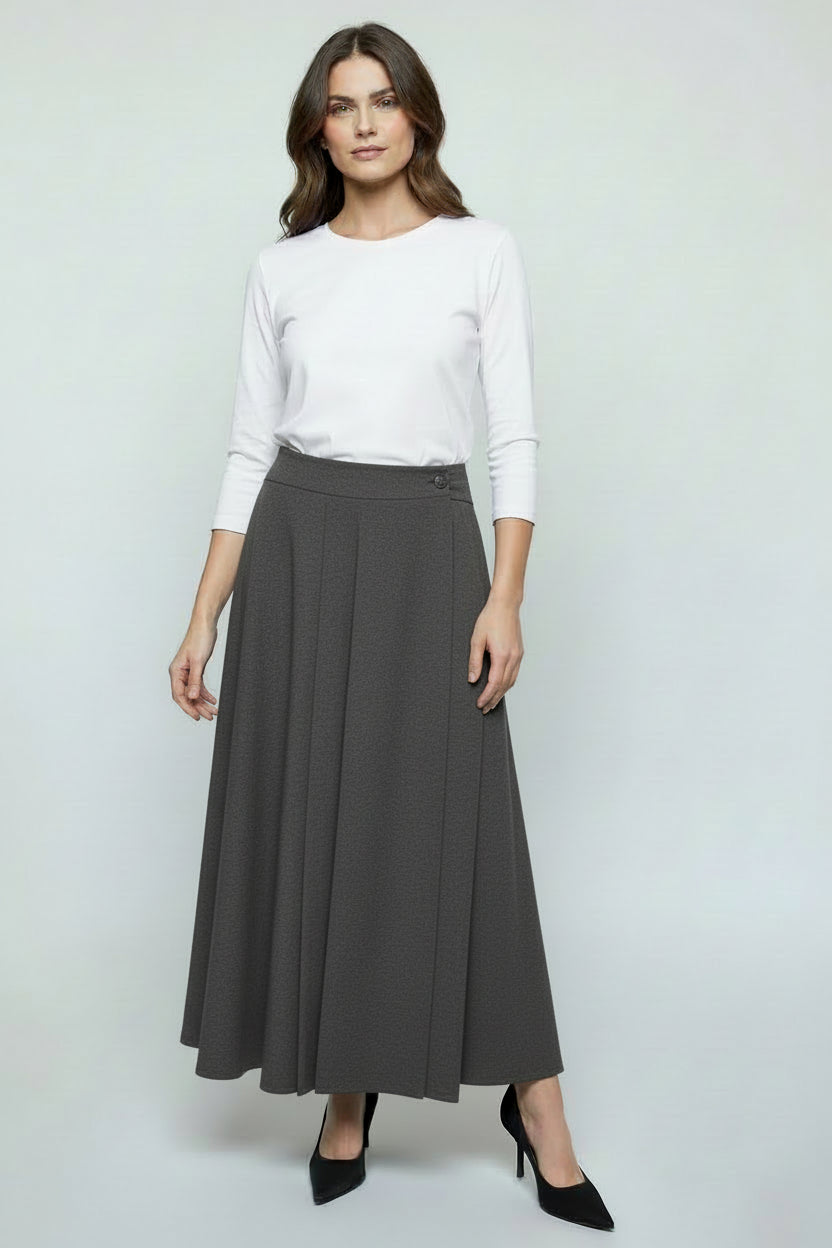 FRL-2711WT GREY FRONT PLEAT BUTTON SKIRT