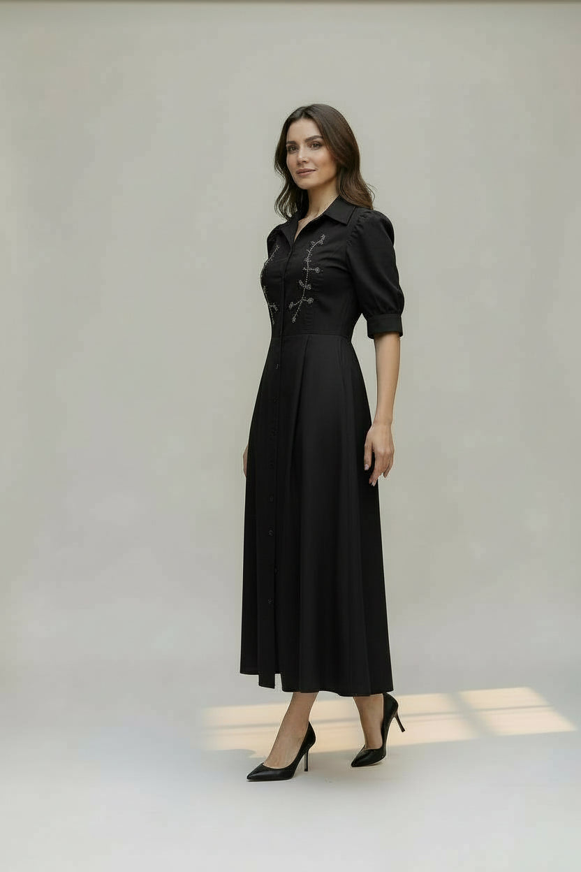 BRZ-88511 BLACK TAFFETA BEADED DRESS