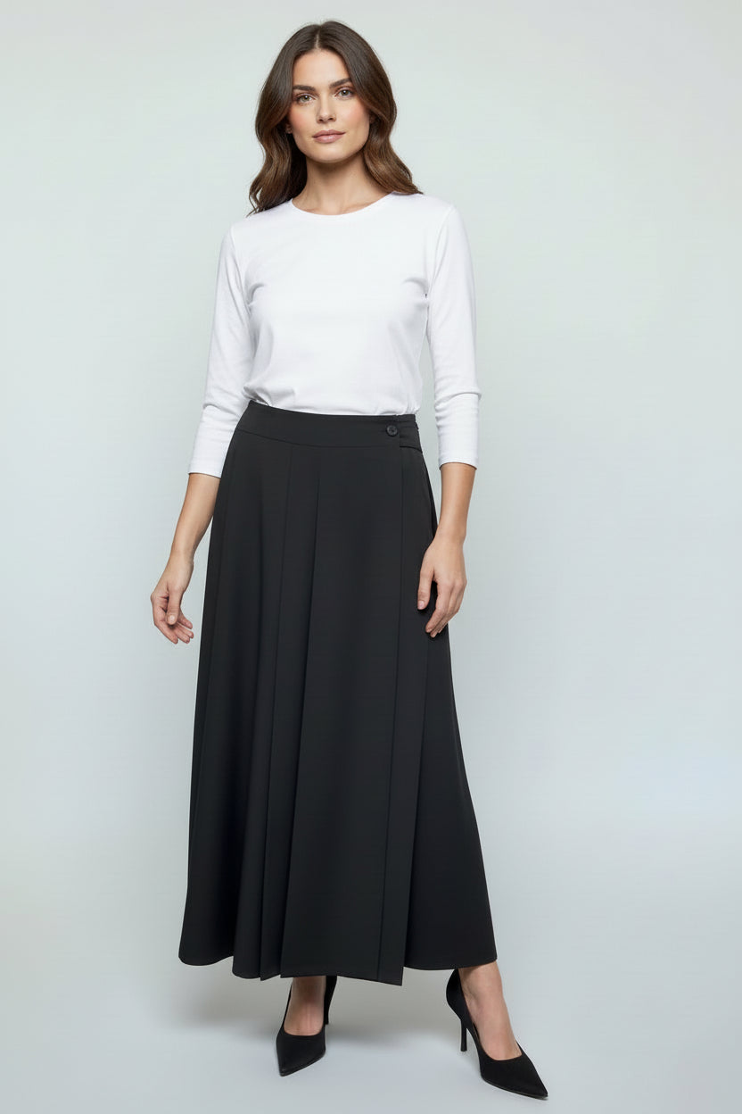 FRL-2711WT BLACK FRONT PLEAT BUTTON SKIRT