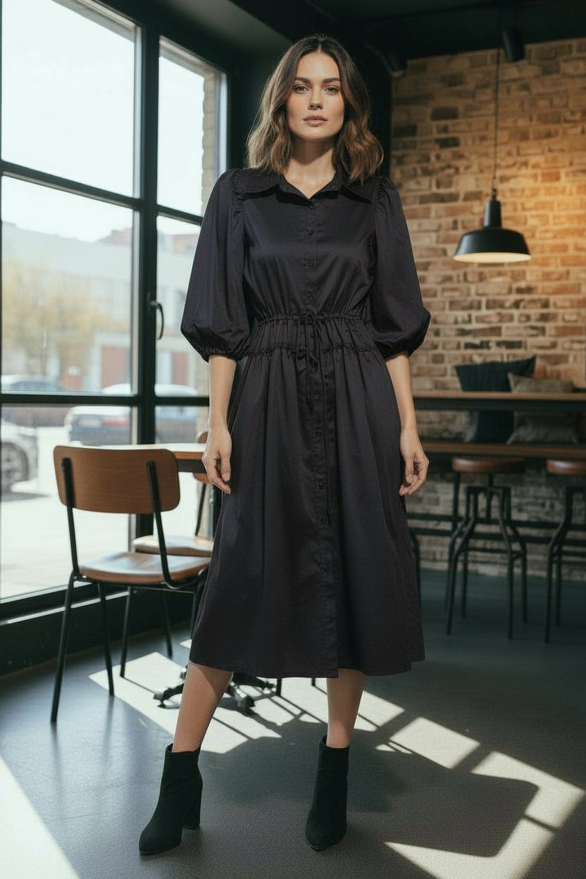 BRZ-88468 BLACK DROP WAIST PULLEY DRESS