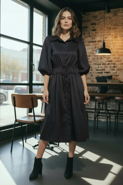 BRZ-88468 BLACK DROP WAIST PULLEY DRESS