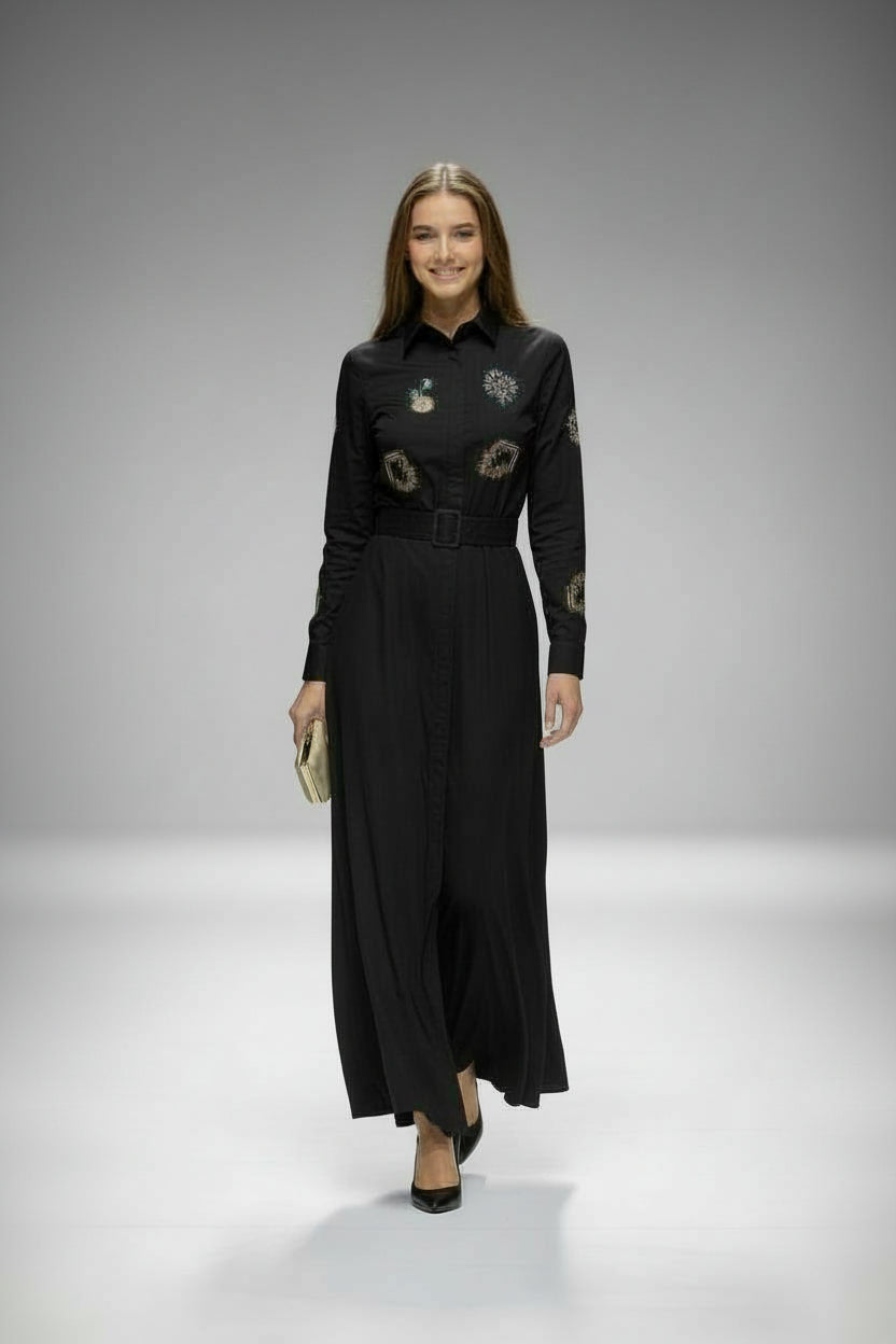 NOI-H4076 BLACK EMBROIDERY TAFFETA DRESS