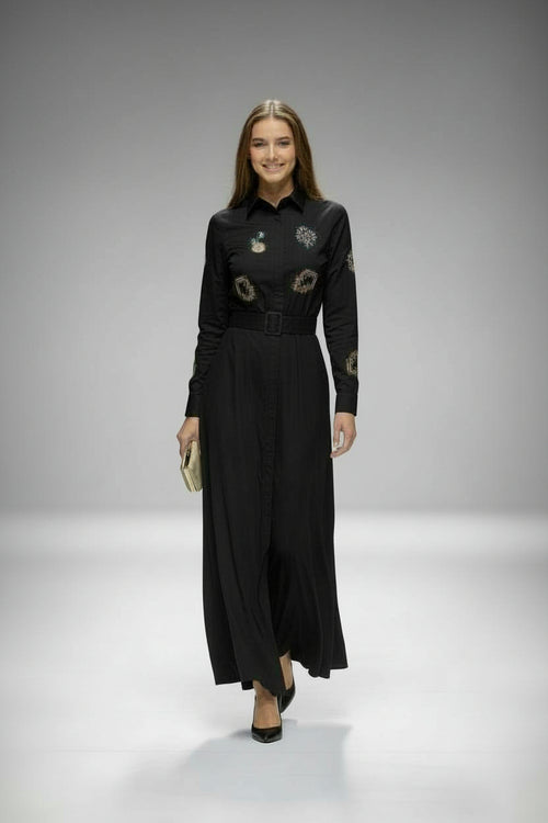 NOI-H4076 BLACK EMBROIDERY TAFFETA DRESS