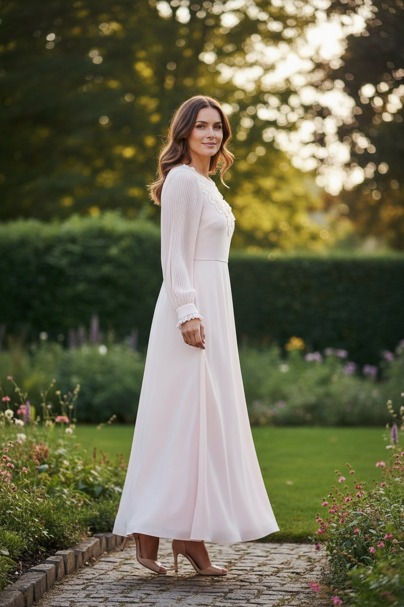 FBE-2424 PINK FLOWER EMBROIDERED RUFFLE SLEEVE DRESS