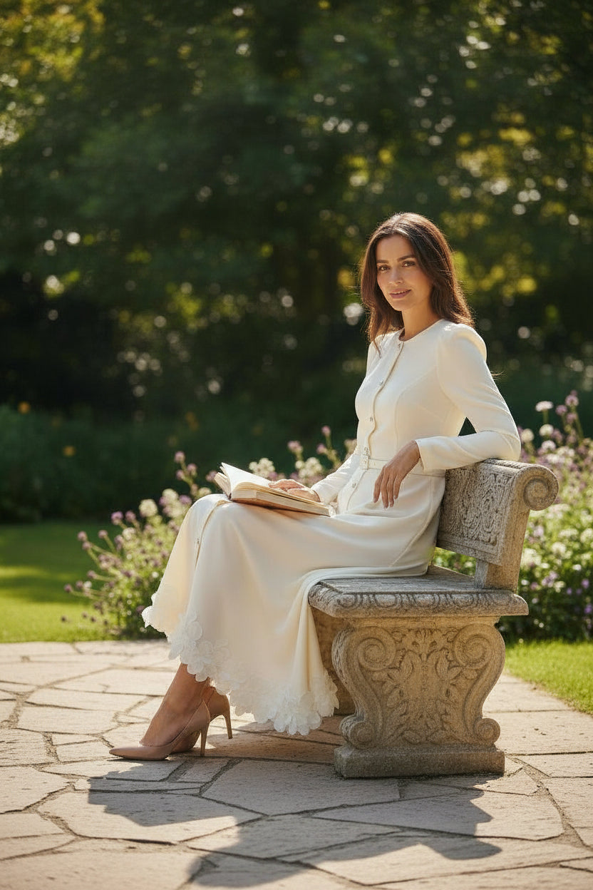 FBE-2468 IVORY BELTED PETAL EDGING DRESS