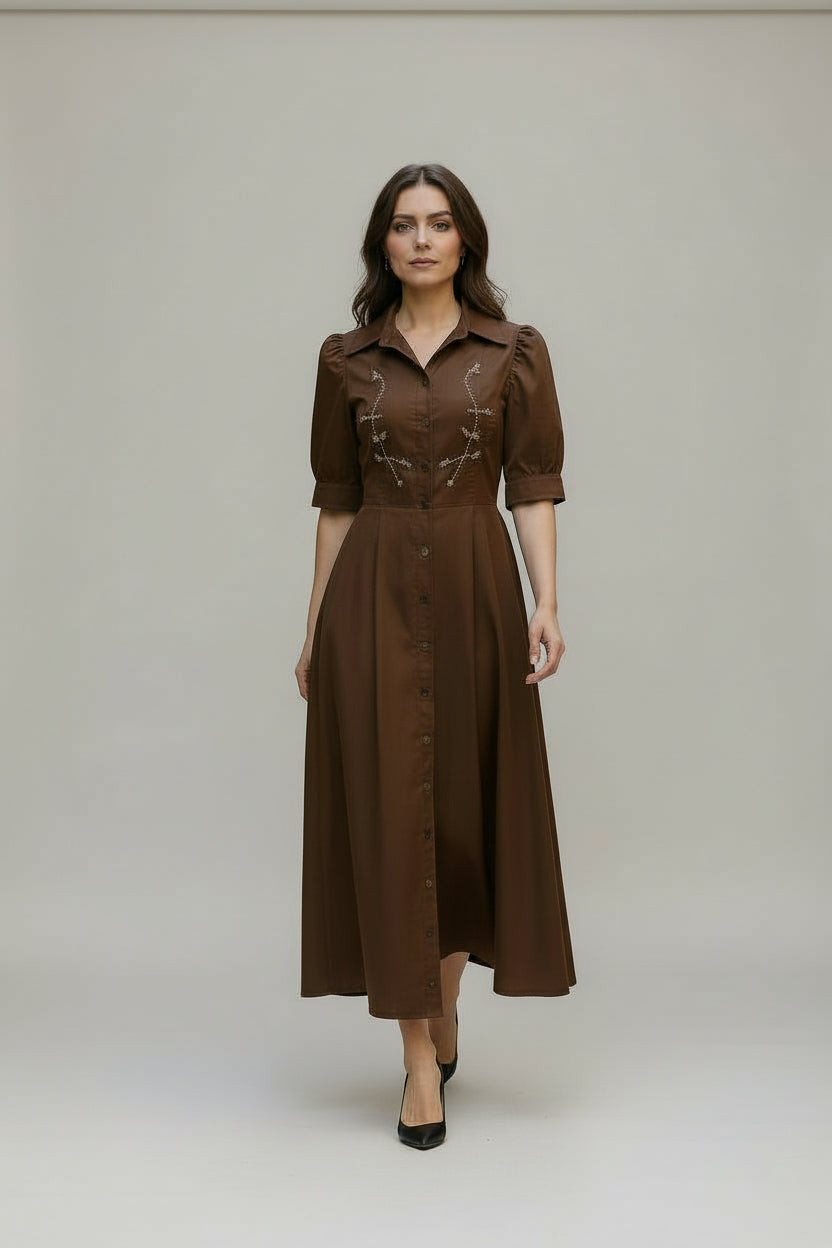 BRZ-88511 BROWN TAFFETA BEADED DRESS