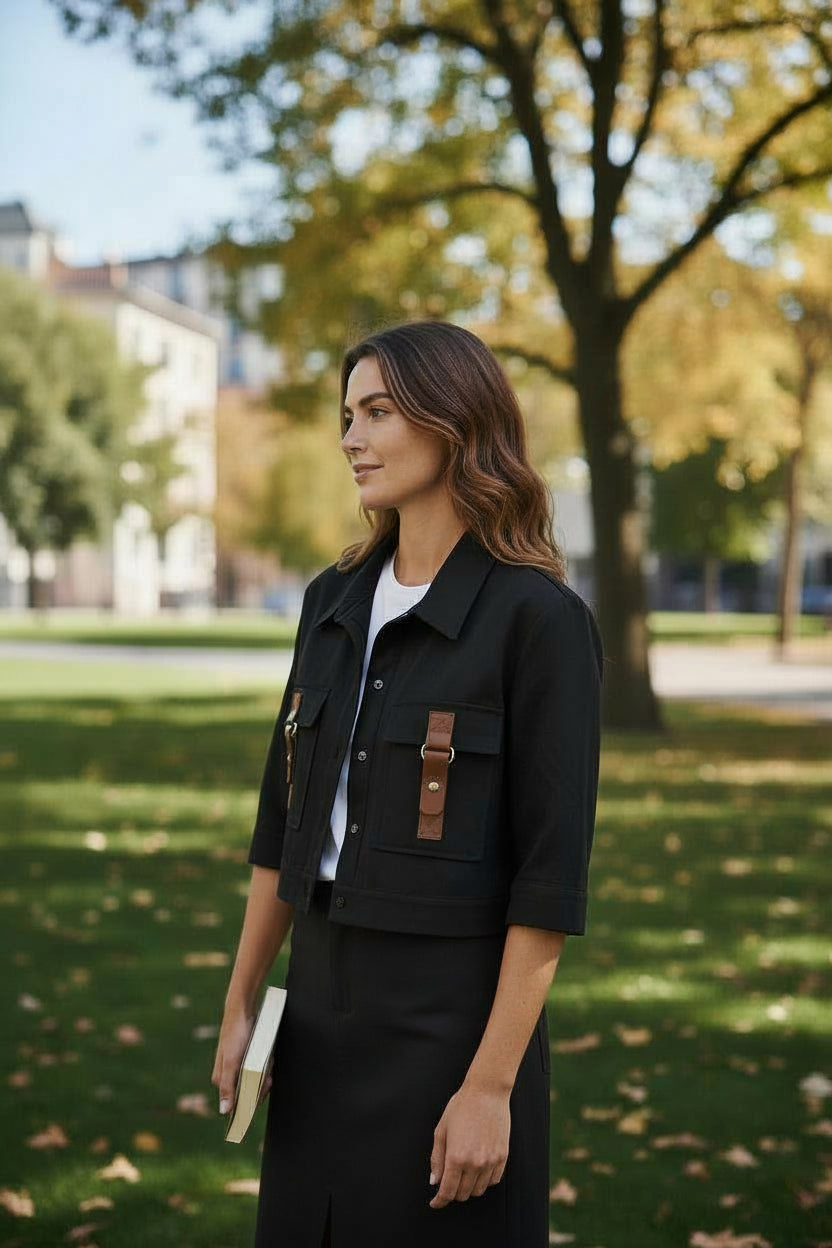 BRZ-52122 BLACK CROPPED POCKET BLOUSE