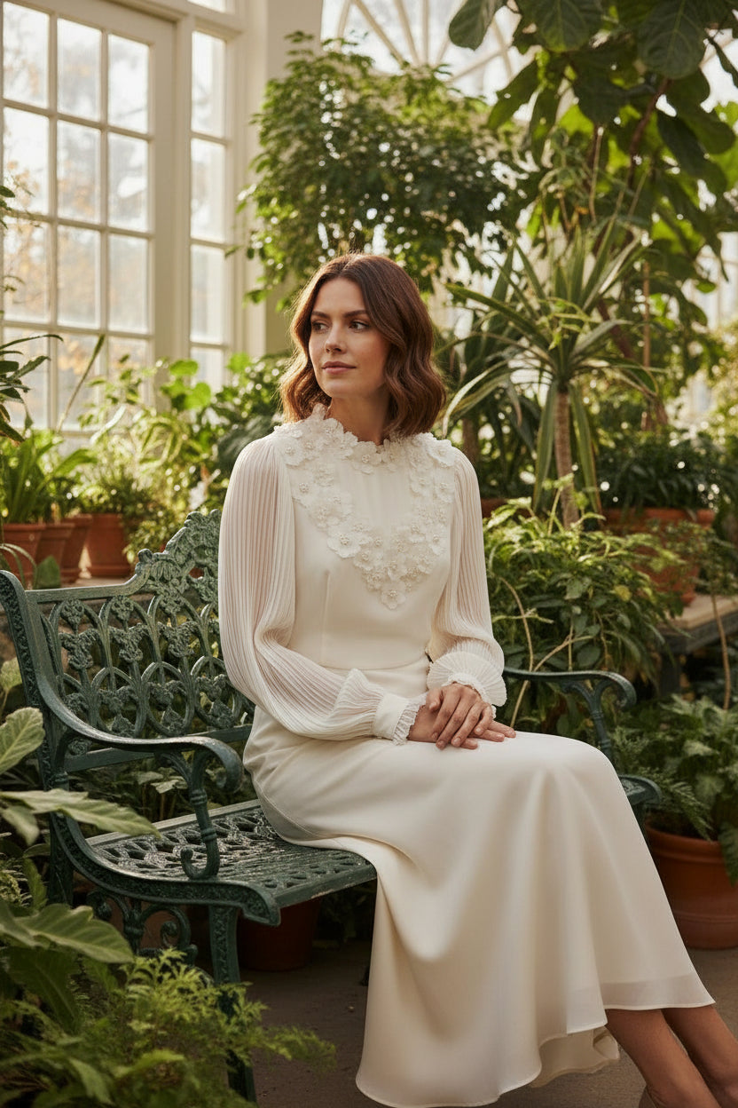 FBE-2424 CREAM FLOWER EMBROIDERED RUFFLE SLEEVE DRESS