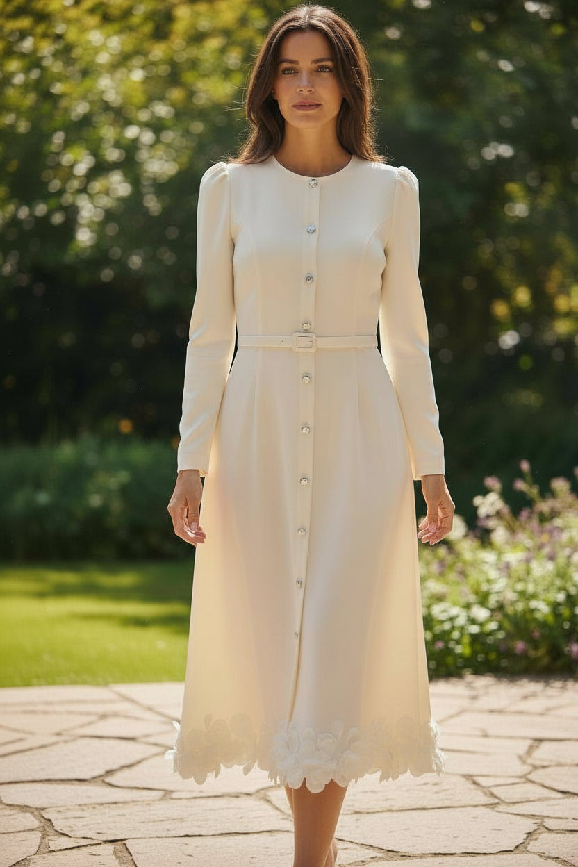 FBE-2468 IVORY BELTED PETAL EDGING DRESS