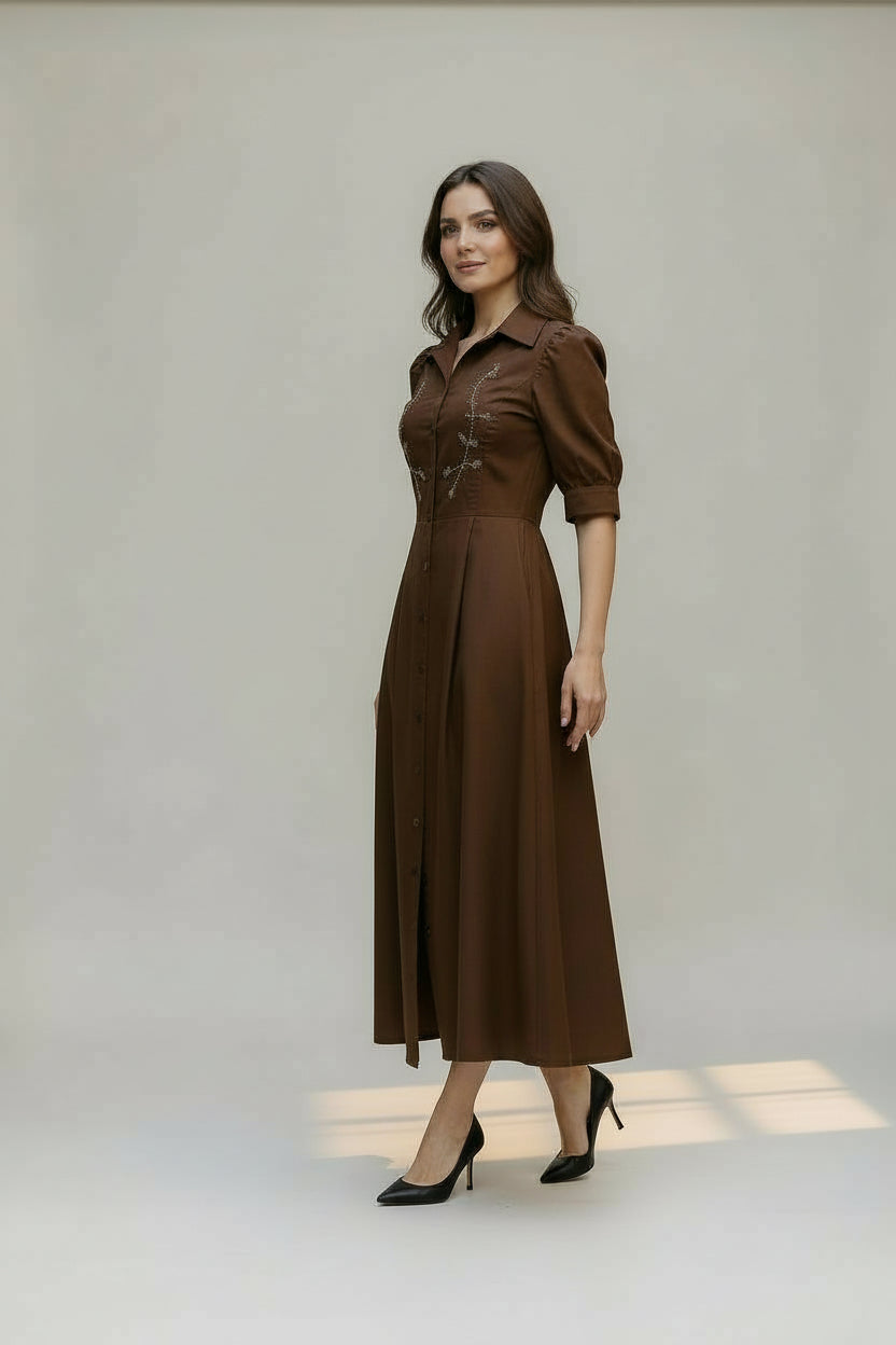 BRZ-88511 BROWN TAFFETA BEADED DRESS