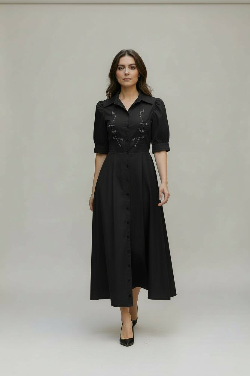 BRZ-88511 BLACK TAFFETA BEADED DRESS