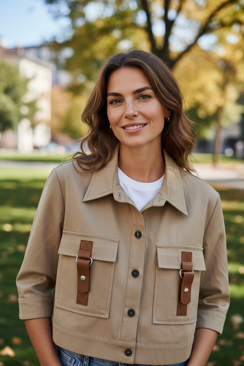 BRZ-52122 CAMEL CROPPED POCKET BLOUSE