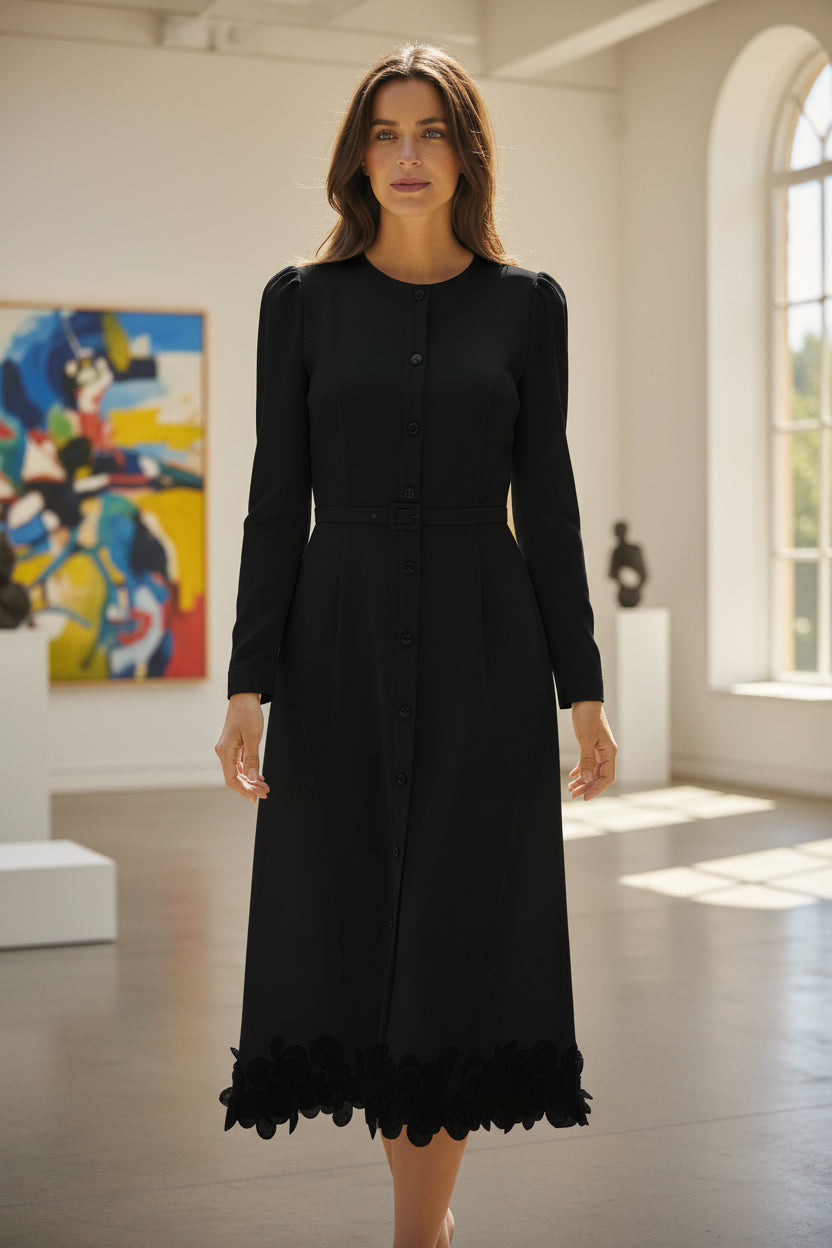 FBE-2468 BLACK BELTED PETAL EDGING DRESS