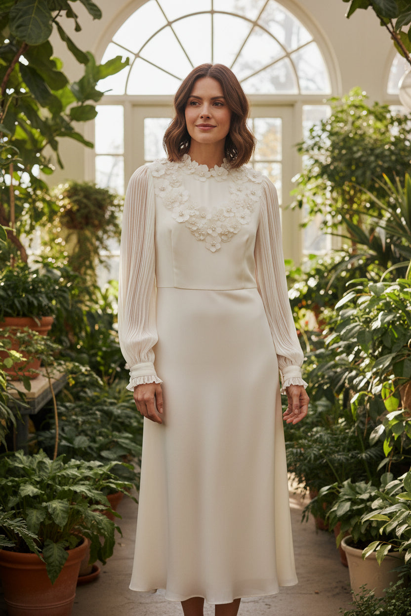 FBE-2424 CREAM FLOWER EMBROIDERED RUFFLE SLEEVE DRESS