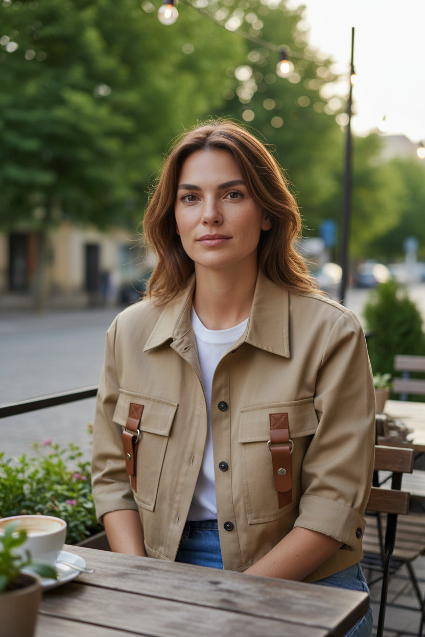 BRZ-52122 CAMEL CROPPED POCKET BLOUSE