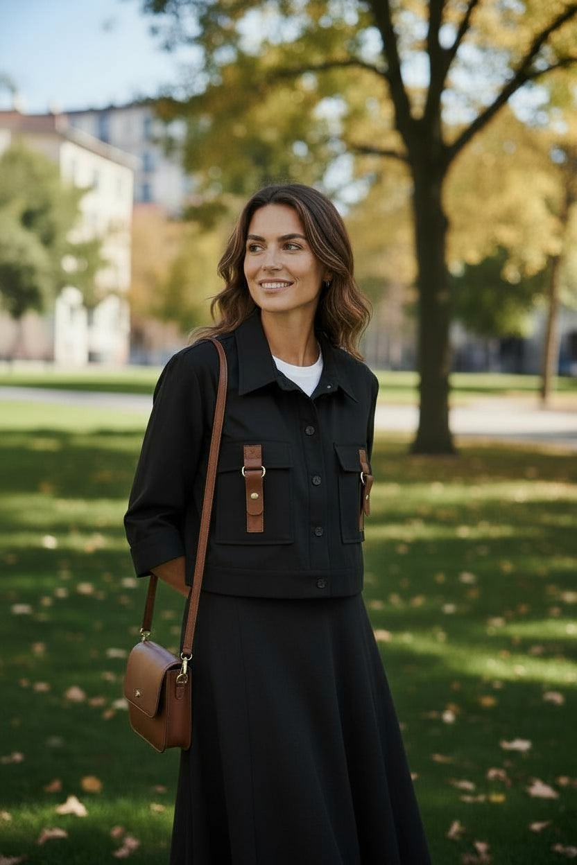 BRZ-52122 BLACK CROPPED POCKET BLOUSE