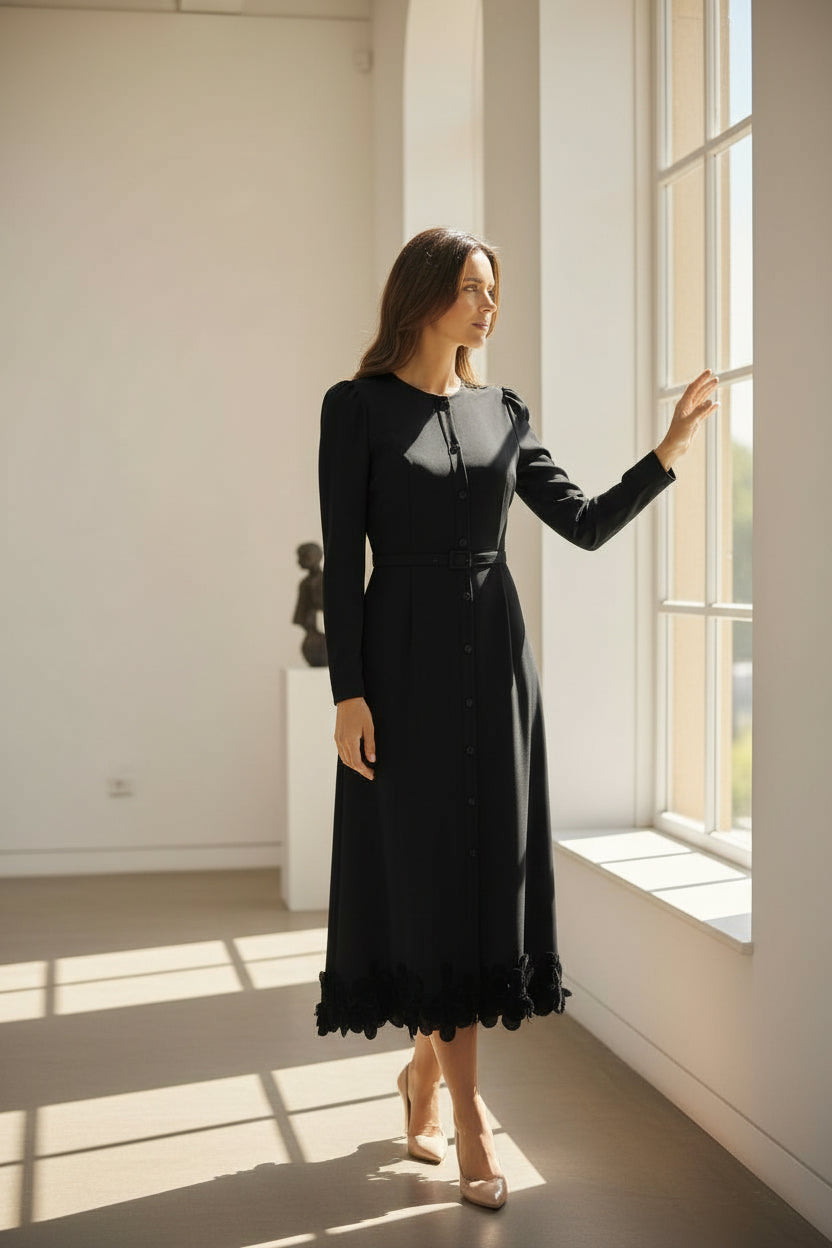 FBE-2468 BLACK BELTED PETAL EDGING DRESS