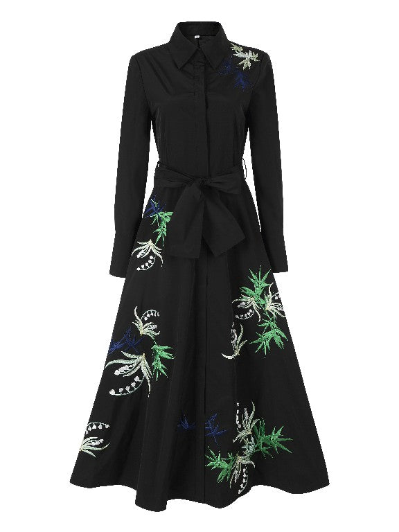 BNI-Y-2417 BLACK LEAF EMBROIDERED DRESS