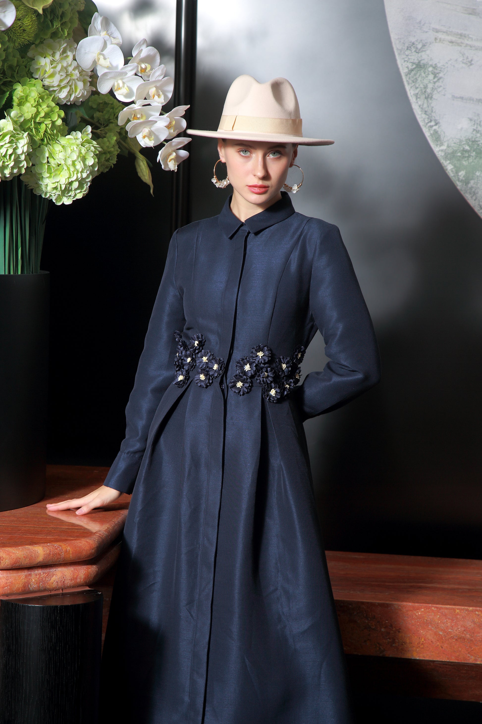 BNI-Y-24176 NAVY DIAMOND BELTED DRESS