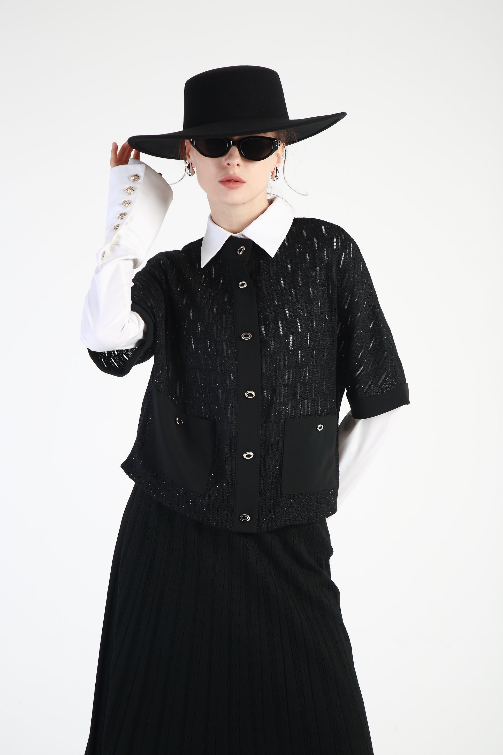 BNI-Y-24304 BLACK KNIT SHINY TOP